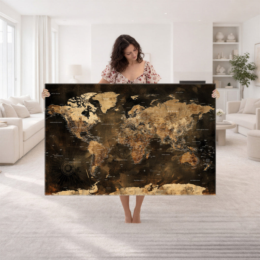 World Map Canvas Print, Modern Decorative Framed Map Artwork