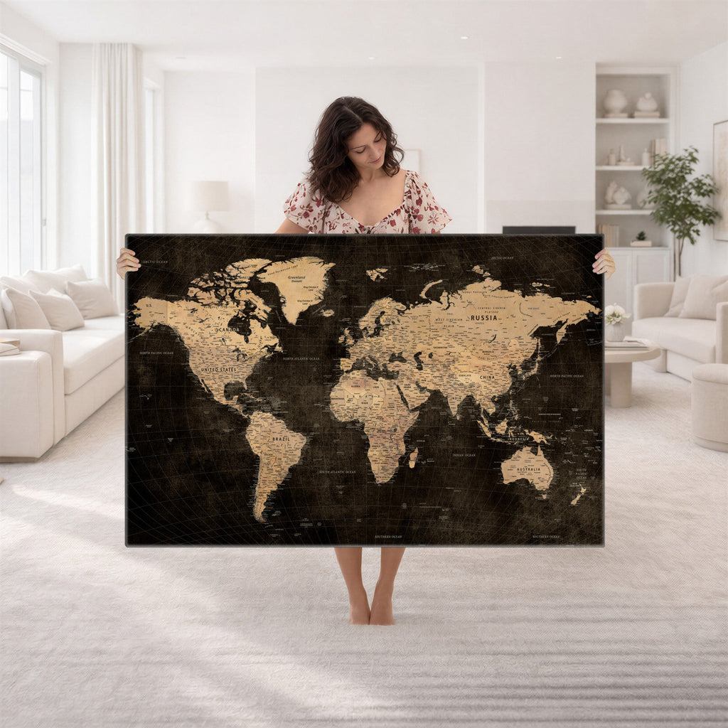 Brown World Map Canvas Print | Modern Travel Map Wall Art