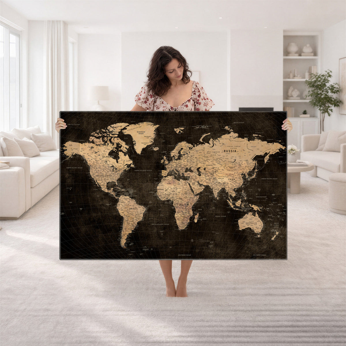 Brown World Map Canvas Print | Modern Travel Map Wall Art