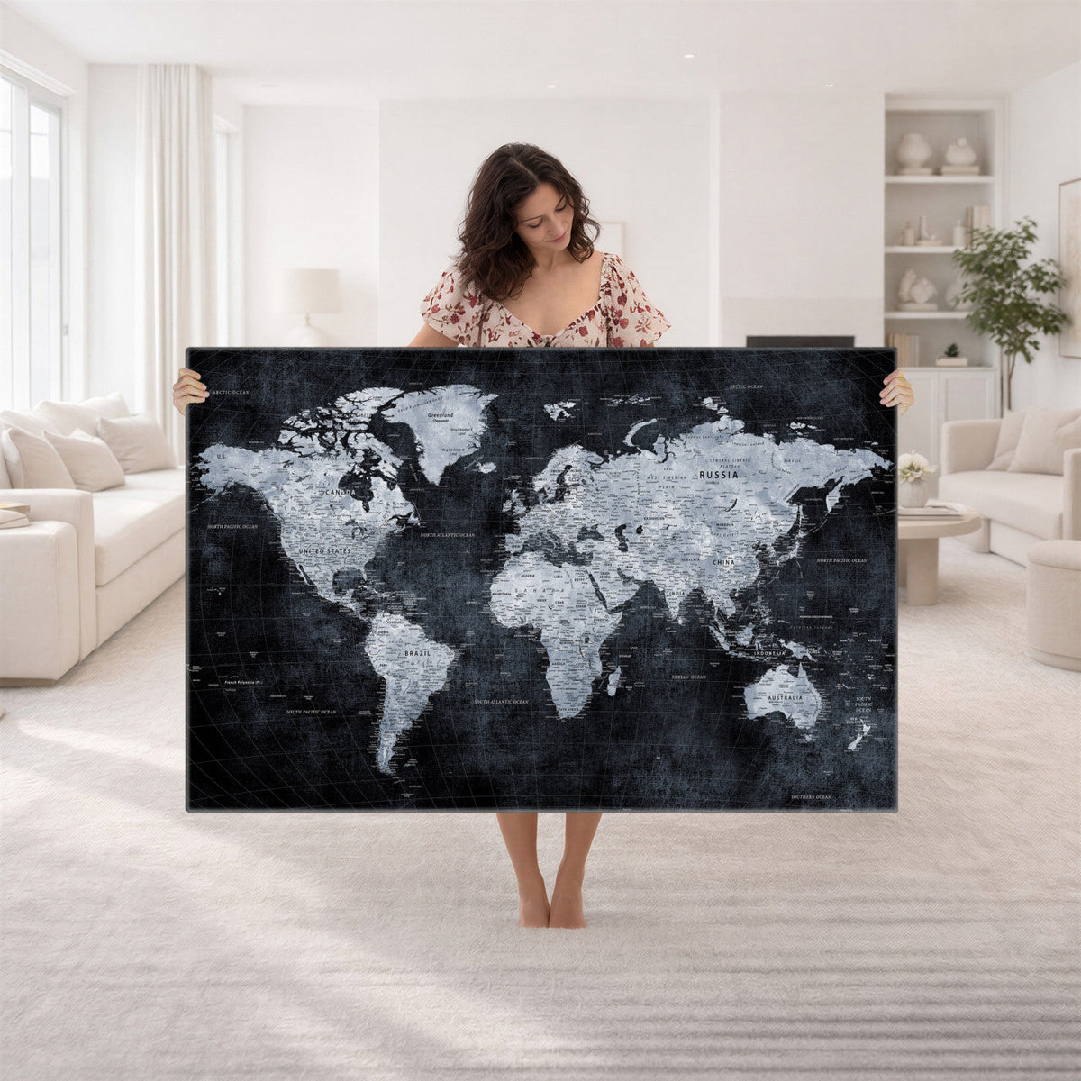 Black World Map Canvas Print | Detailed Map for Couples and Anniversary Gift