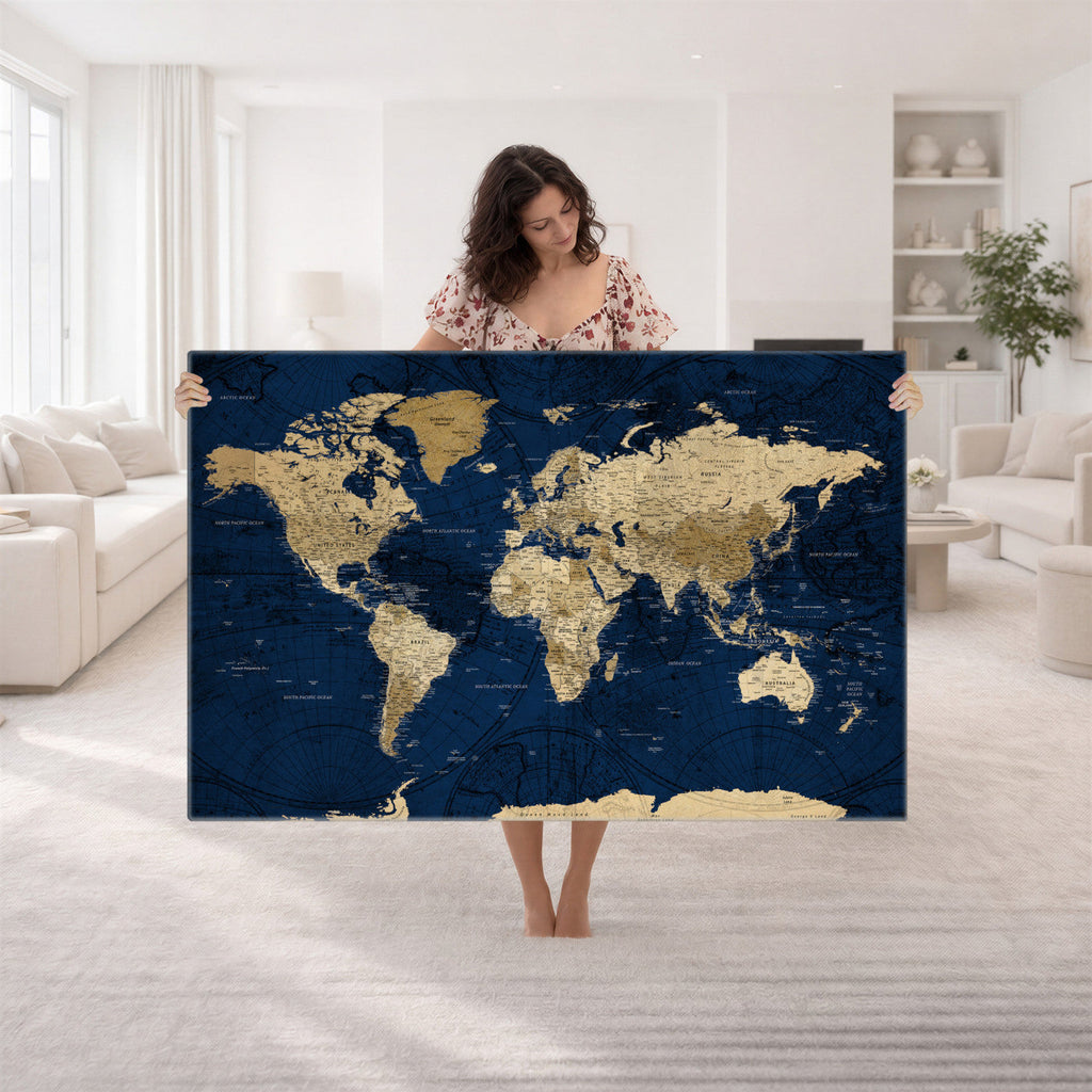 Navy Blue World Map Canvas Print | Detailed Minimal Navy Map Artwork