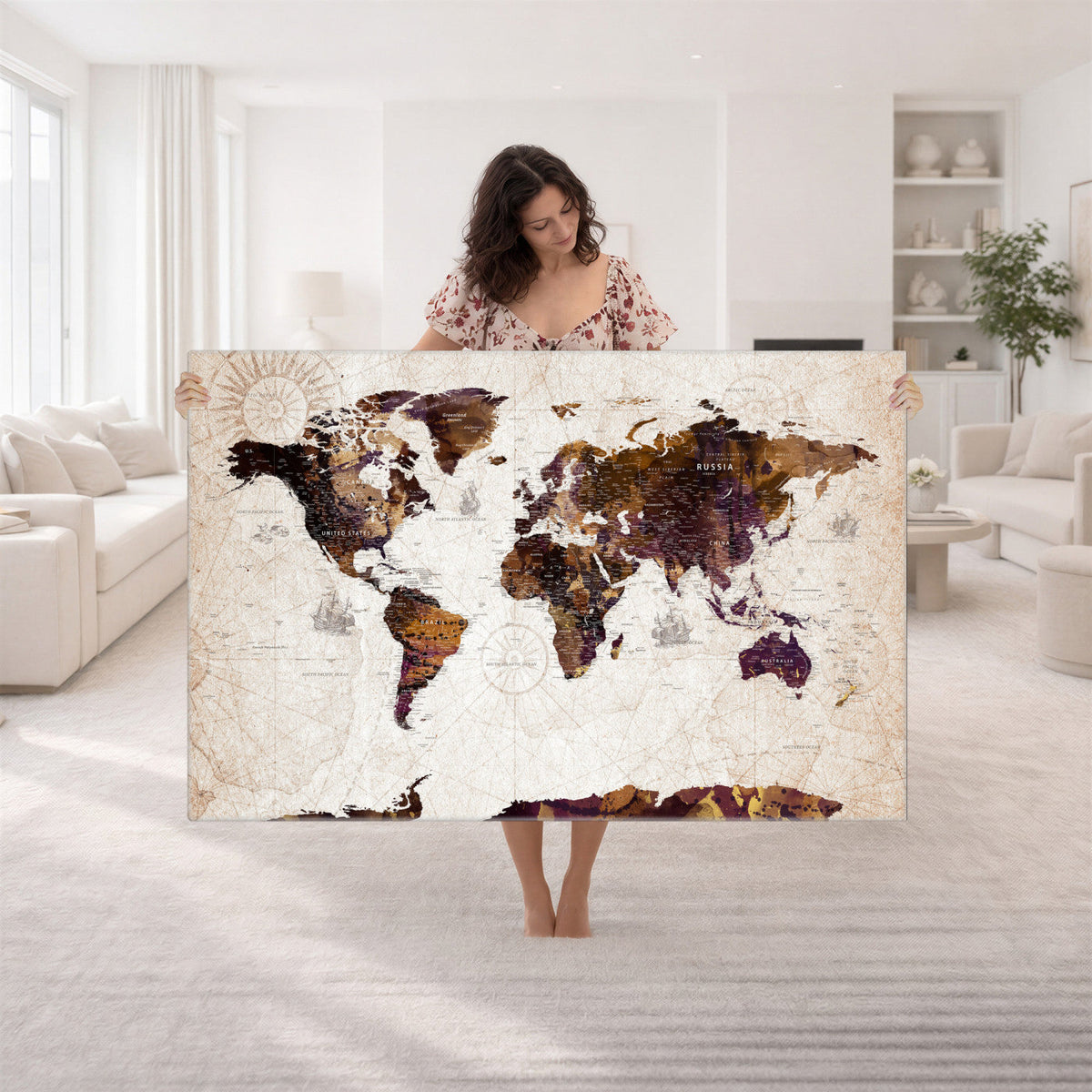 Blue Watercolor World Map Canvas Print | Framed Modern Wall Art