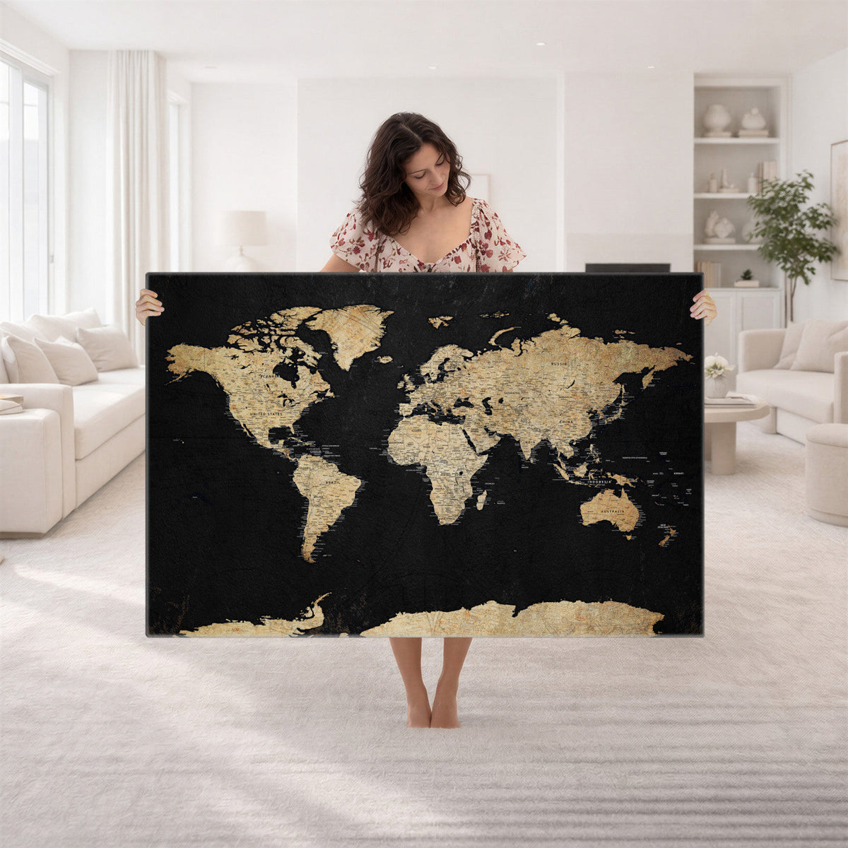 Beige World Map Canvas Wall Art Print, Minimal Black and Beige Map