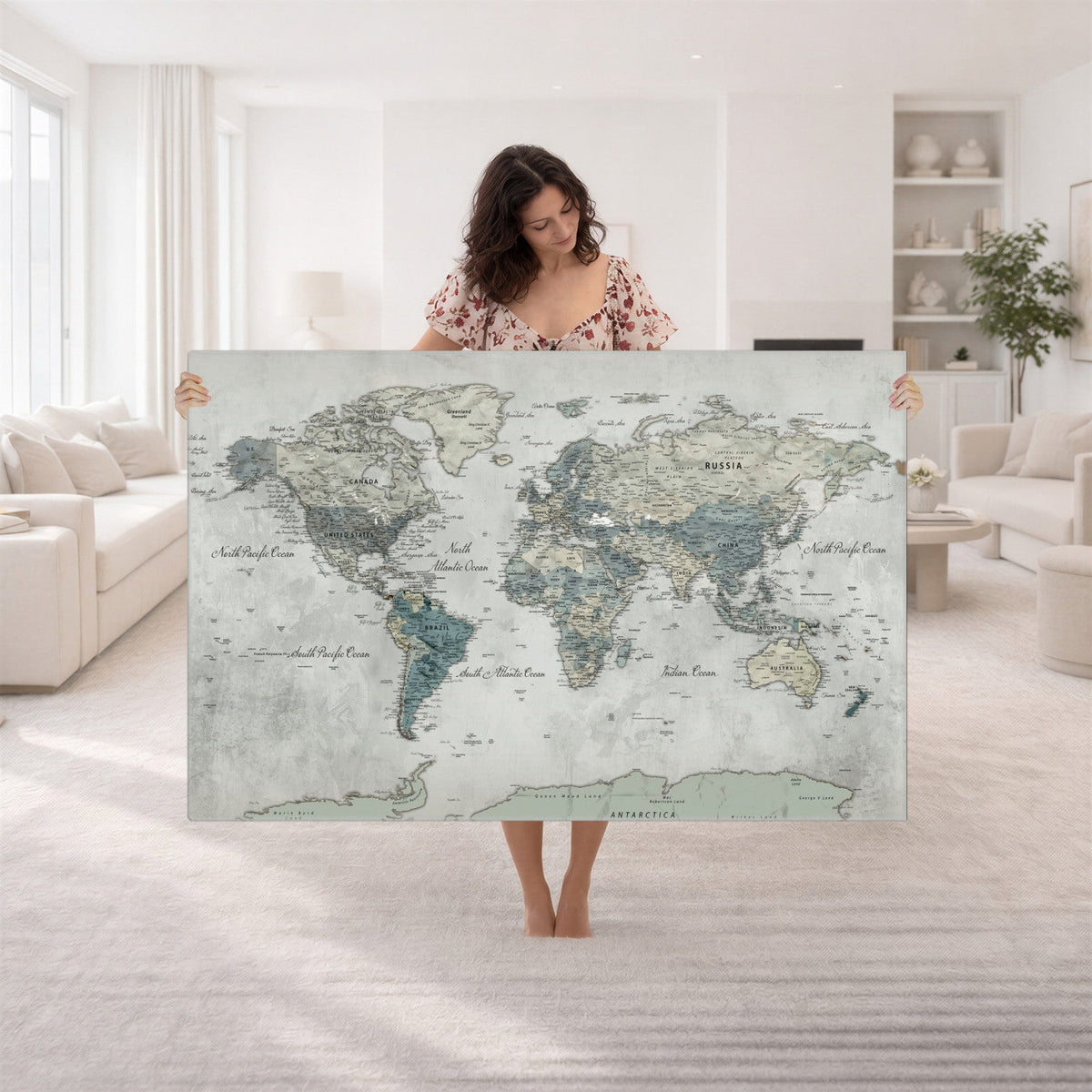 Neutral Vintage World Map Canvas Wall Art Print, Classic Map Artwork