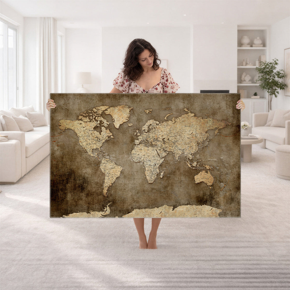 Dark Vintage World Map Canvas Wall Art Print, Antique Map Artwork