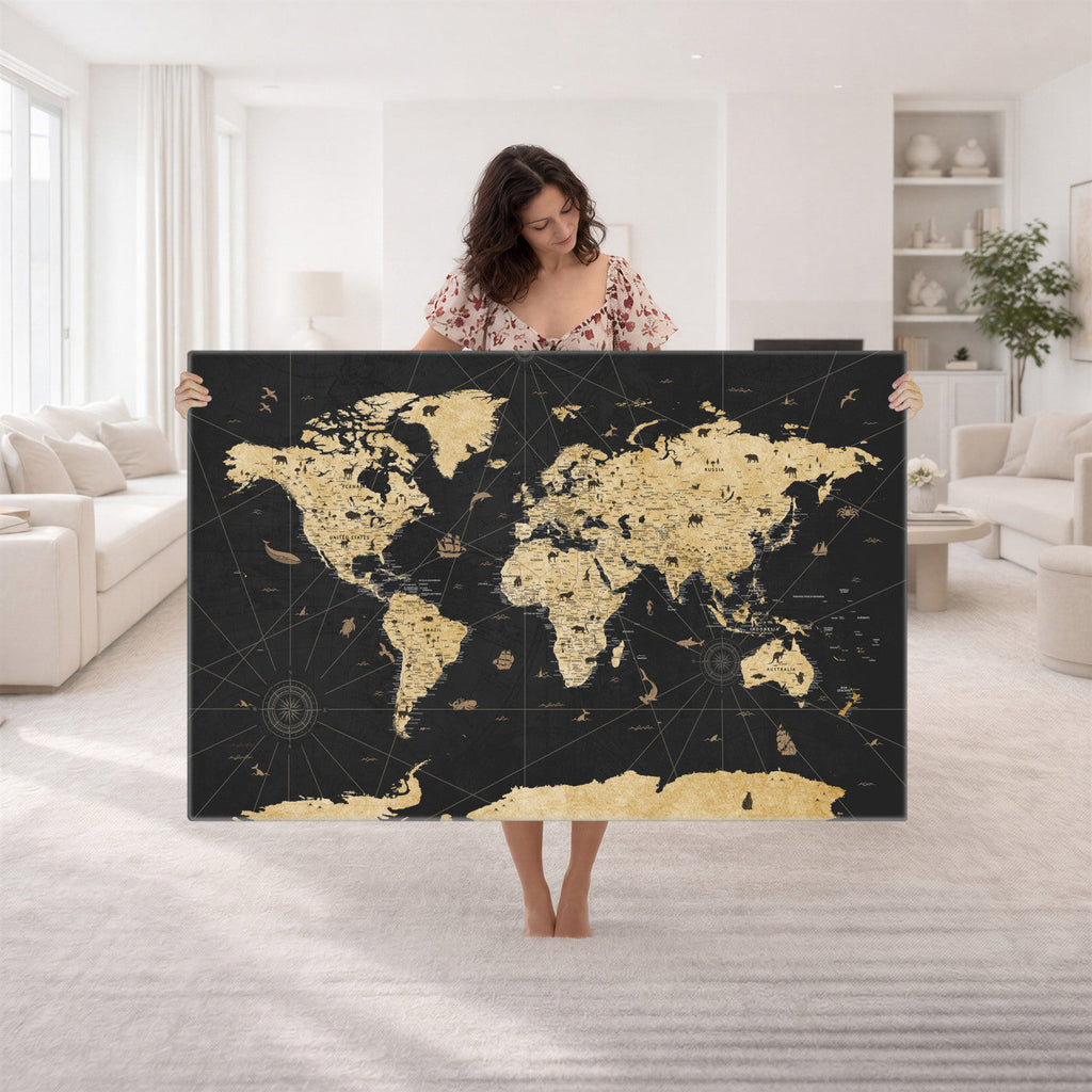 Vintage Blue and Brown World Map Canvas Wall Art | Framed Rustic Map Print