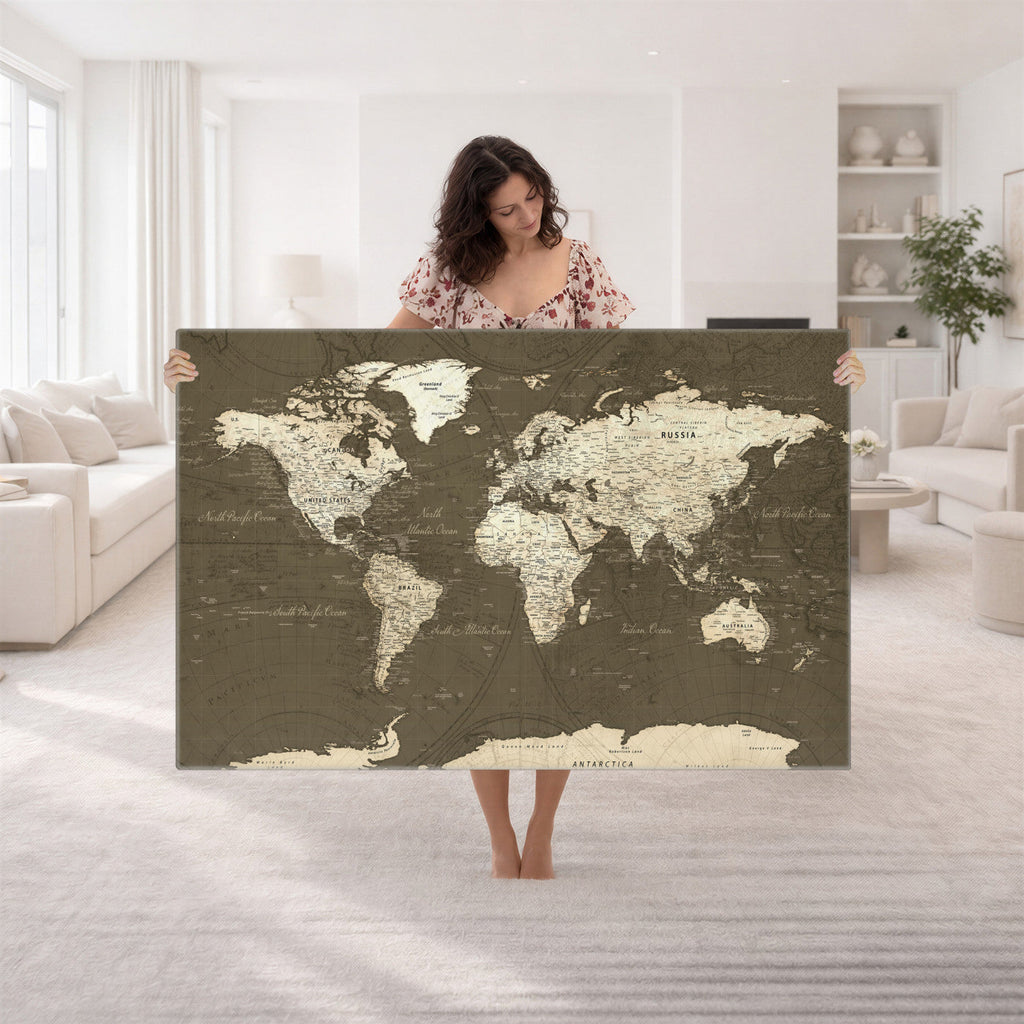 Vintage World Map Canvas Print | Framed Travel Map Wall Art for Couples