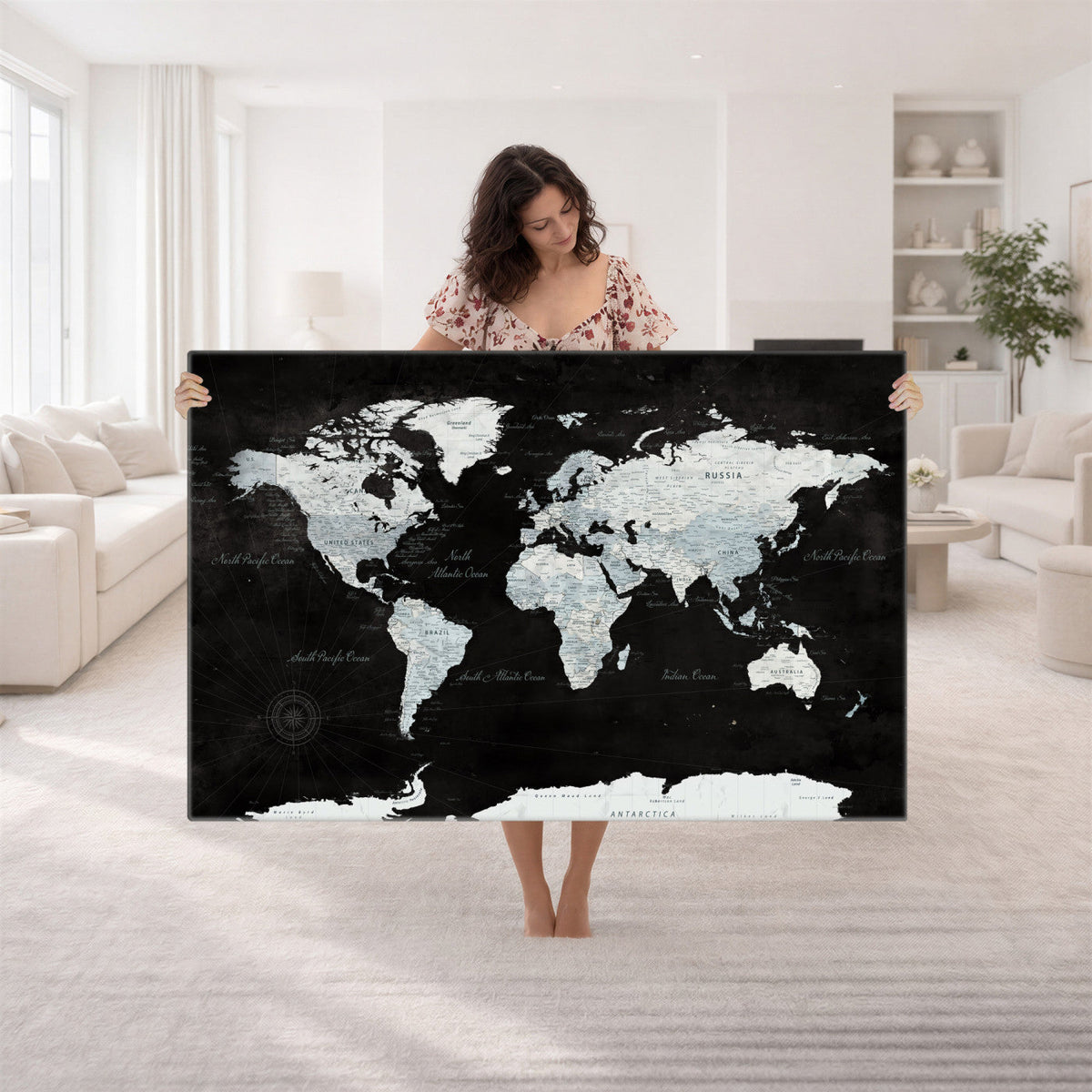 World Map Canvas Print | Framed Push Pin Wall Art, Color Splash Travel Map
