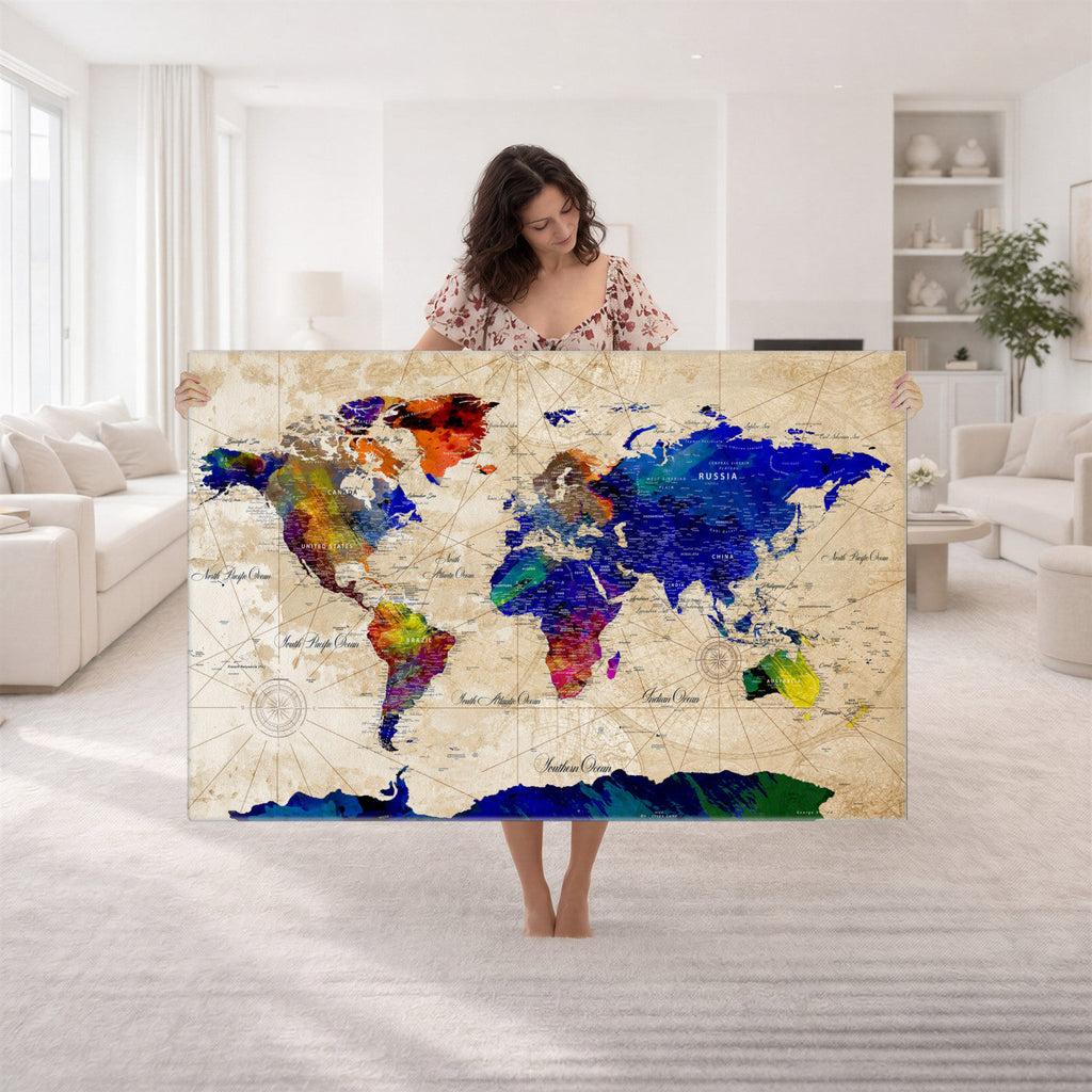 Watercolor World Map Canvas Print | Framed Wall Art for Couples