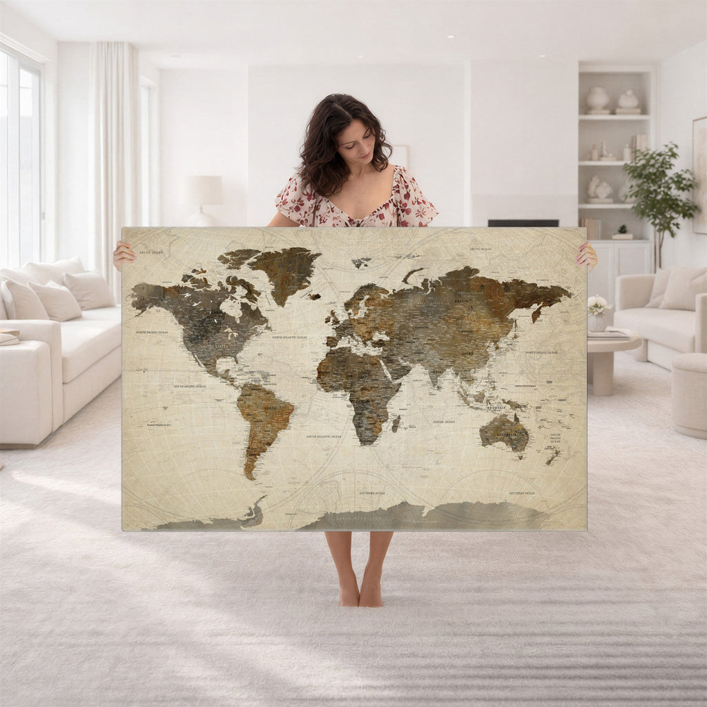 Vintage World Map Canvas Wall Art | Framed Antique Style Travel Map