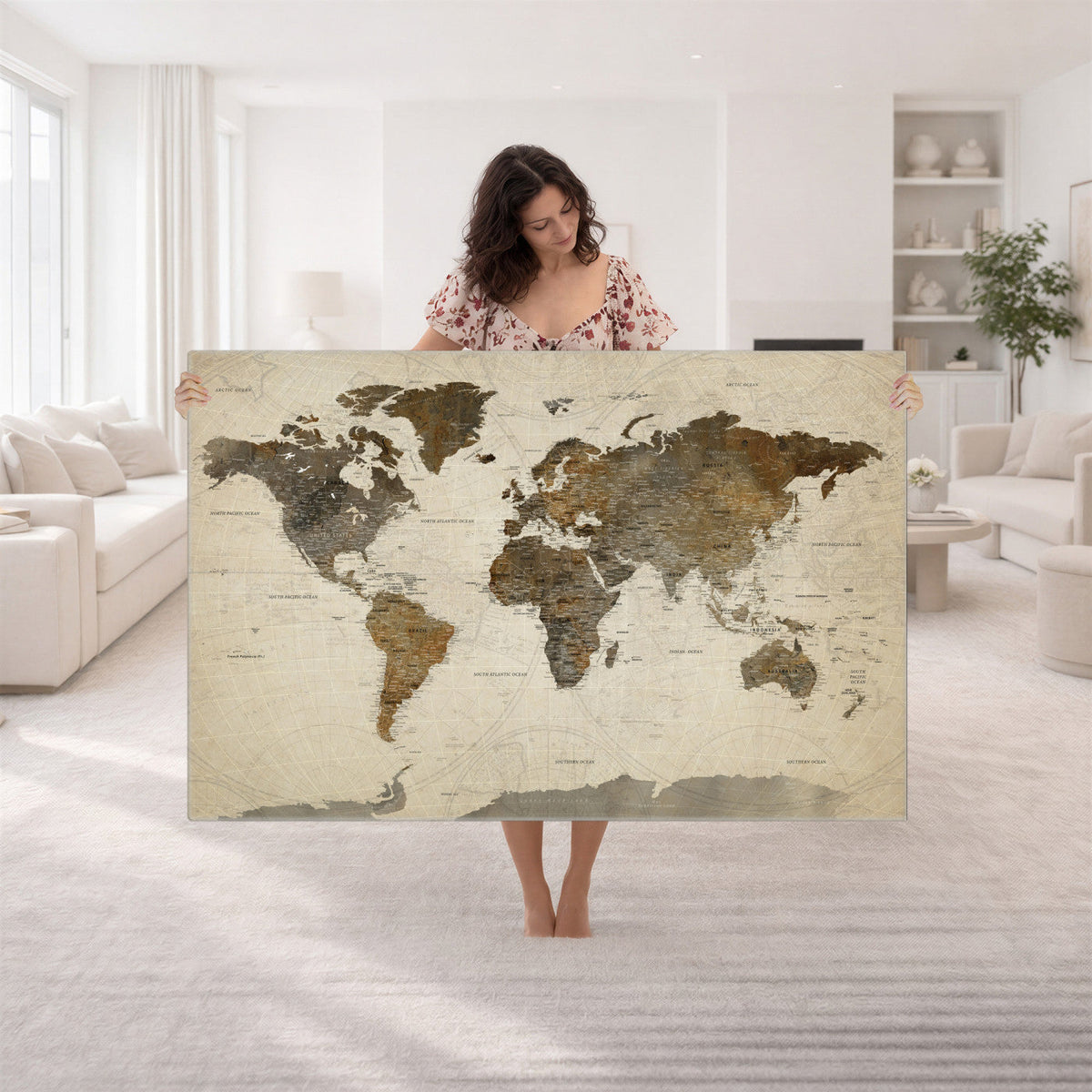 Vintage World Map Canvas Wall Art | Framed Antique Style Travel Map