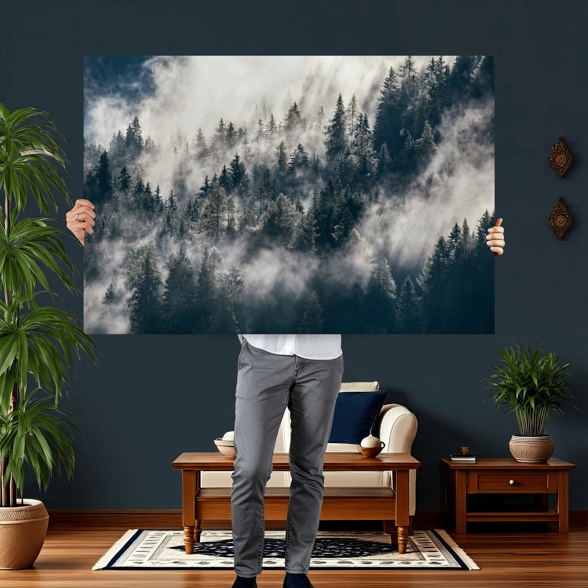 Foggy Mountain Forest Canvas Print, Misty Pine Trees Nature Wall Art
