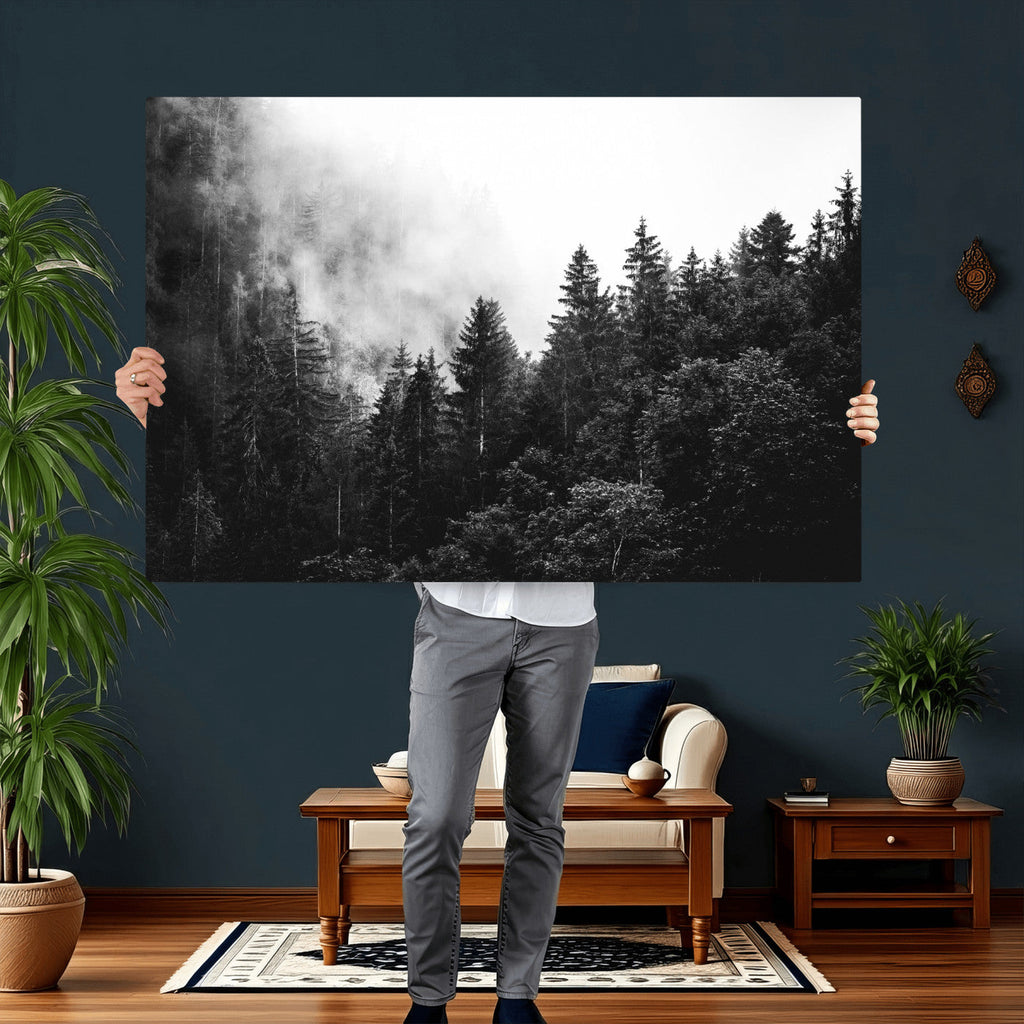 Black White Forest Wall Art Canvas Print, Misty Pine Tree Landscape