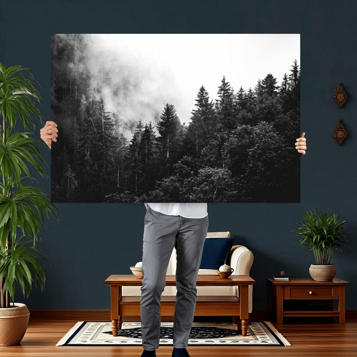 Black White Forest Wall Art Canvas Print, Misty Pine Tree Landscape