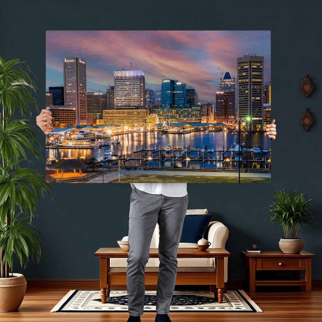 Baltimore Skyline Wall Art Canvas Print, Baltimore Downtown Night Cityscape