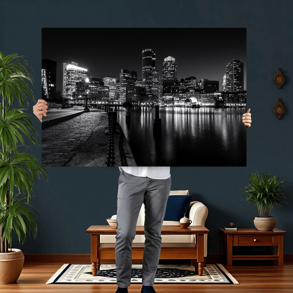 Boston Wall Art Canvas Print, Boston City Downtown Night Cityscape