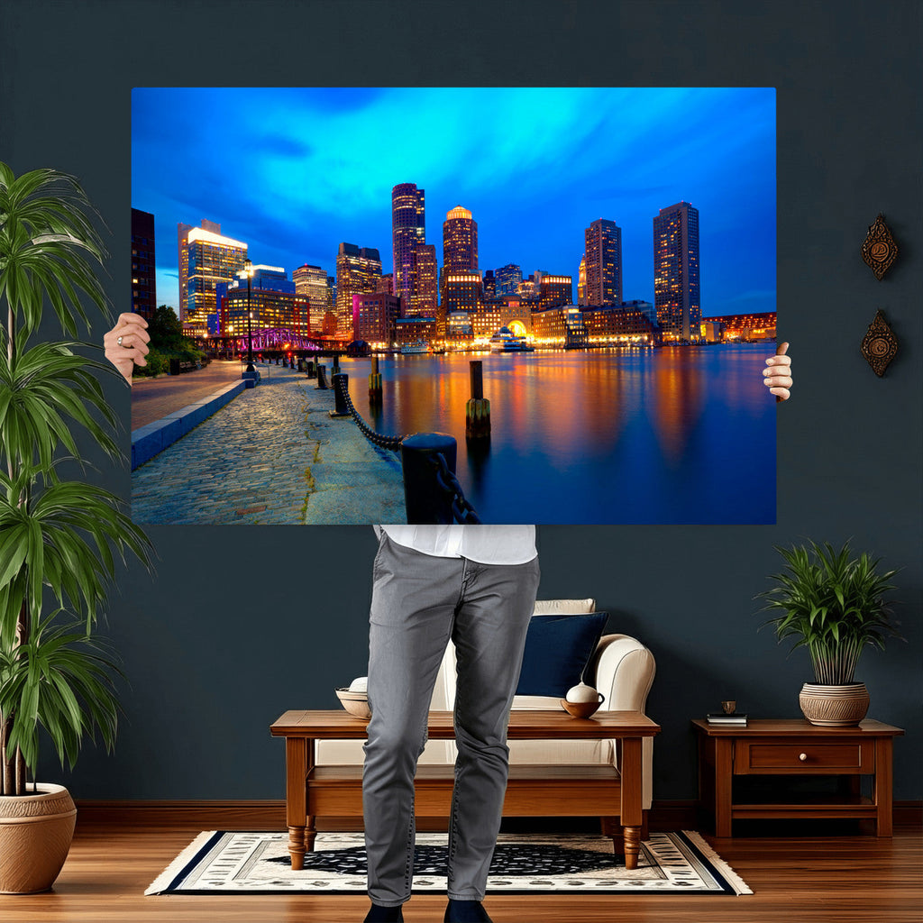 Boston Wall Art Canvas Print, Boston City Downtown Night Cityscape