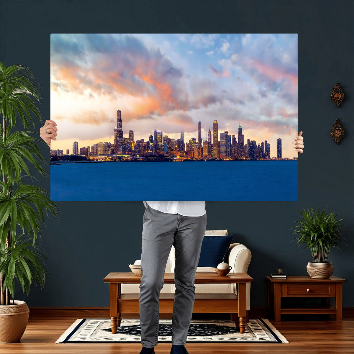 Chicago Wall Art Canvas Print - Chicago City Downtown Night Cityscape