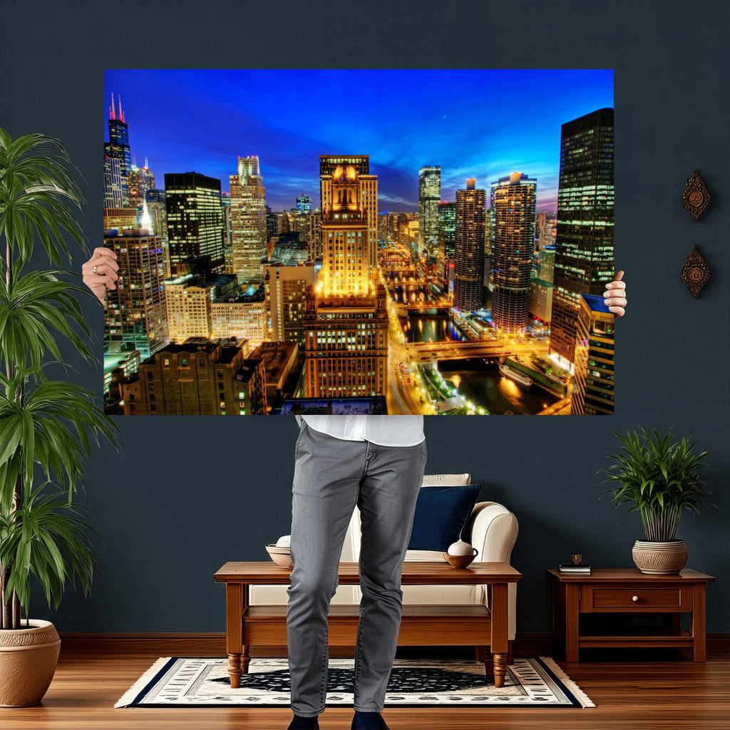 Chicago Wall Art Canvas Print - Chicago City Downtown Night Cityscape