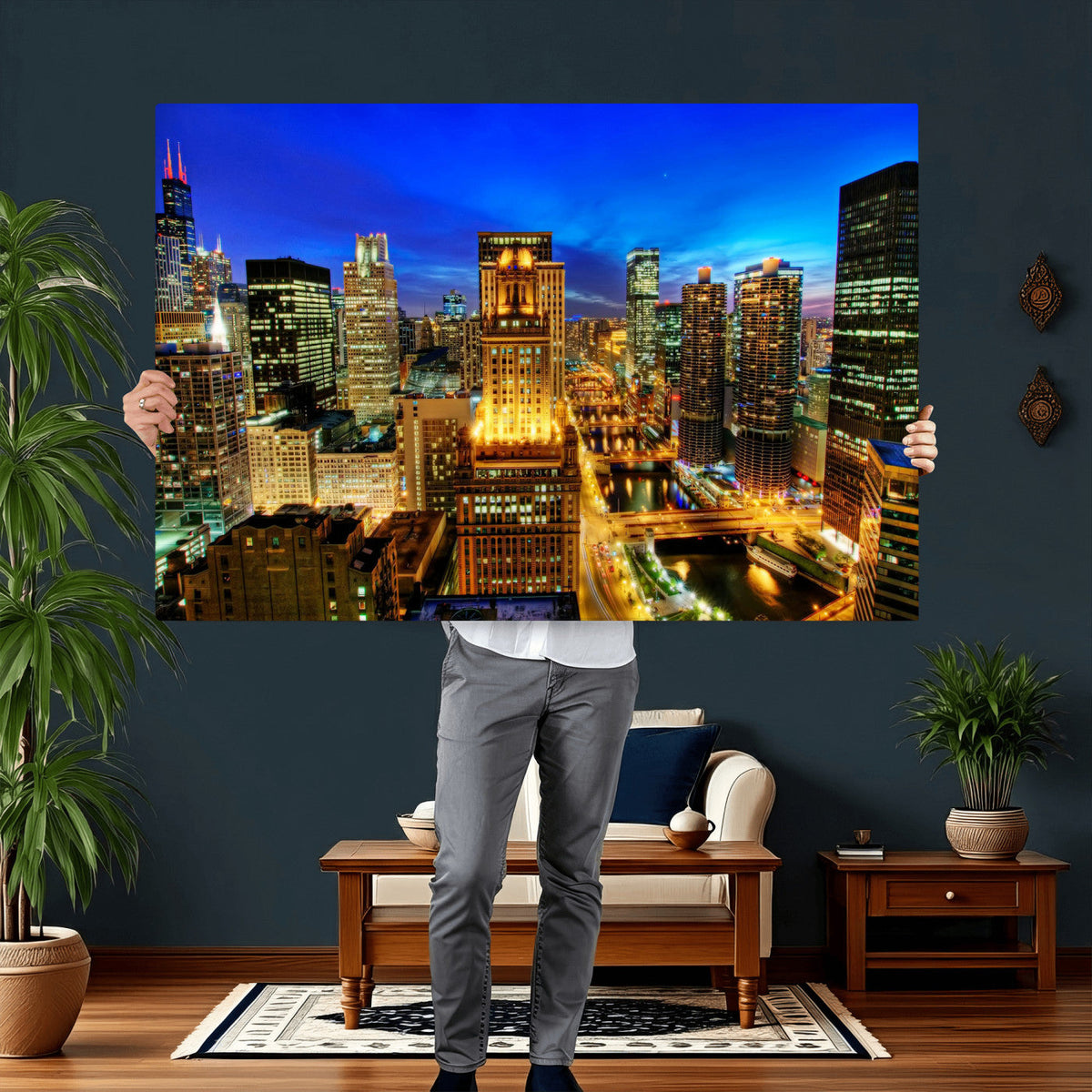 Chicago Wall Art Canvas Print - Chicago City Downtown Night Cityscape
