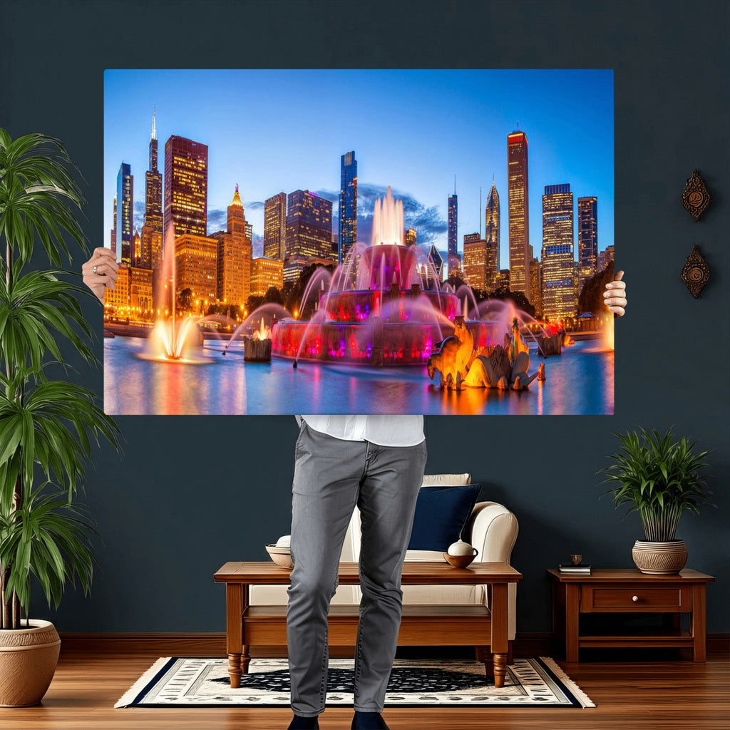 Chicago Wall Art Canvas Print, Chicago City Downtown Night Cityscape