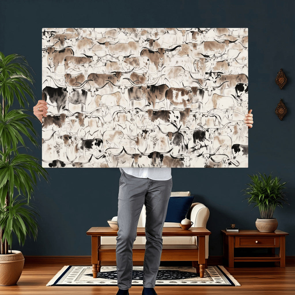 Abstract Texas Cow Canvas Print for Cabin and Western Home Decor