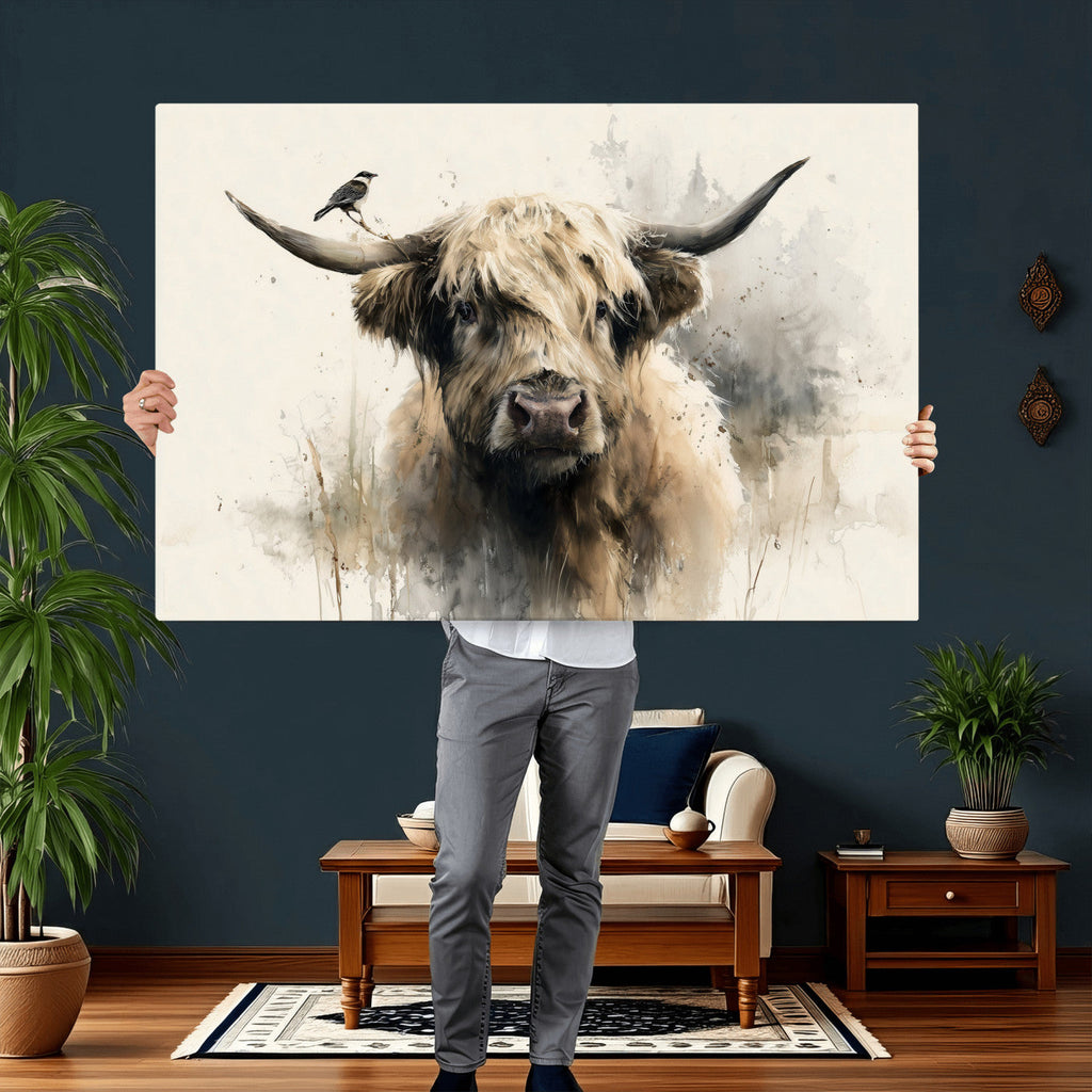 Abstract Highland Cow Wall Art Canvas Print, Rustic Farm Cattle Portrait