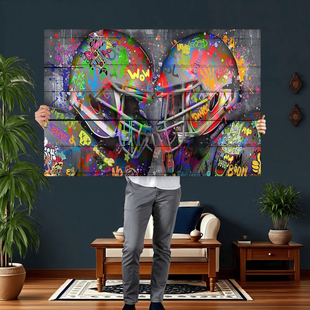 Graffiti Football Helmets Wall Art Canvas Print, Urban Street Art