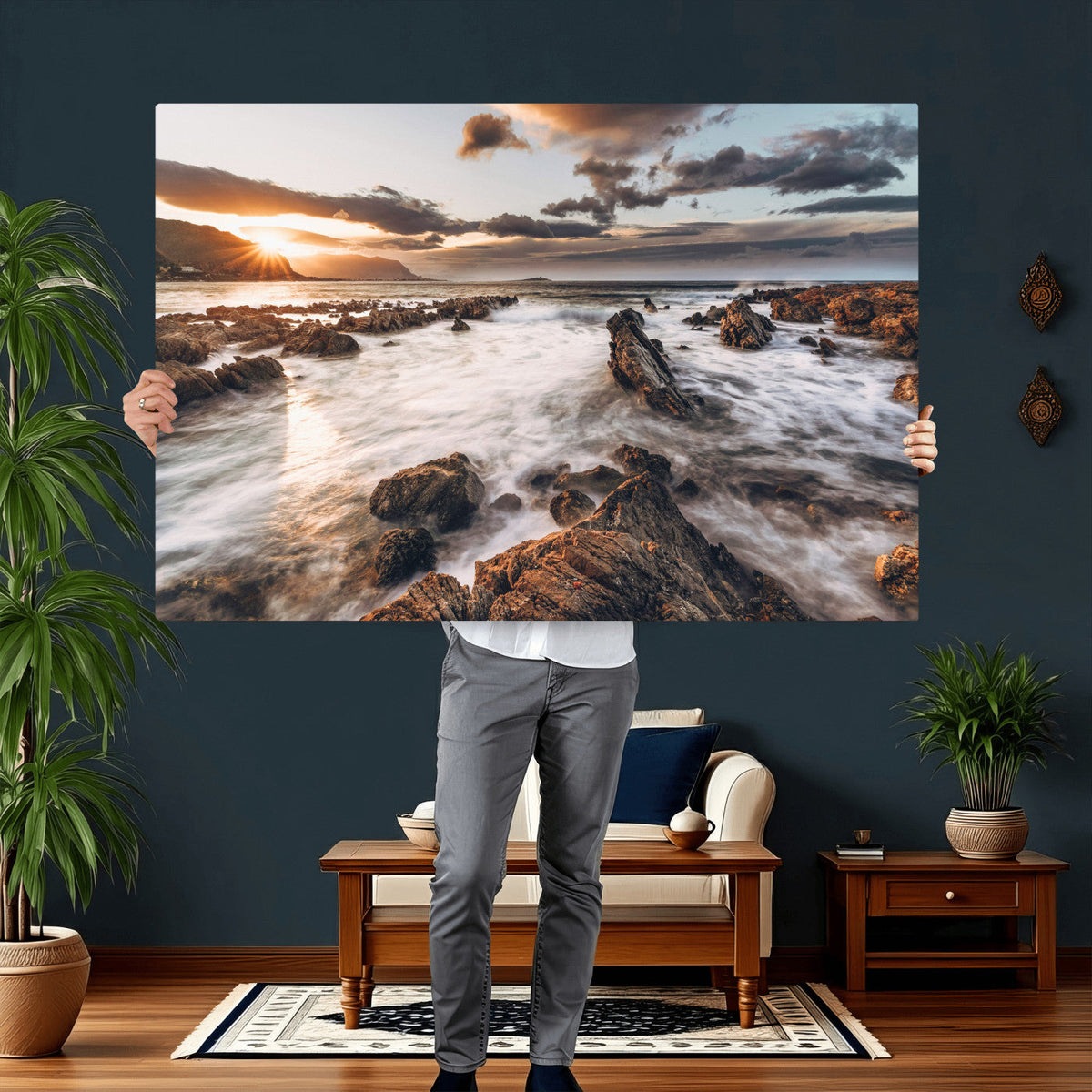 Rocky Coast Ocean Sunset Wall Art Canvas Print, Dramatic Seascape Nature Decor