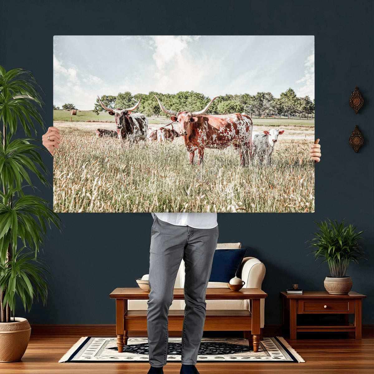 Texas Longhorn Cattle Wall Art Canvas Print, Western Ranch Landscape Decor