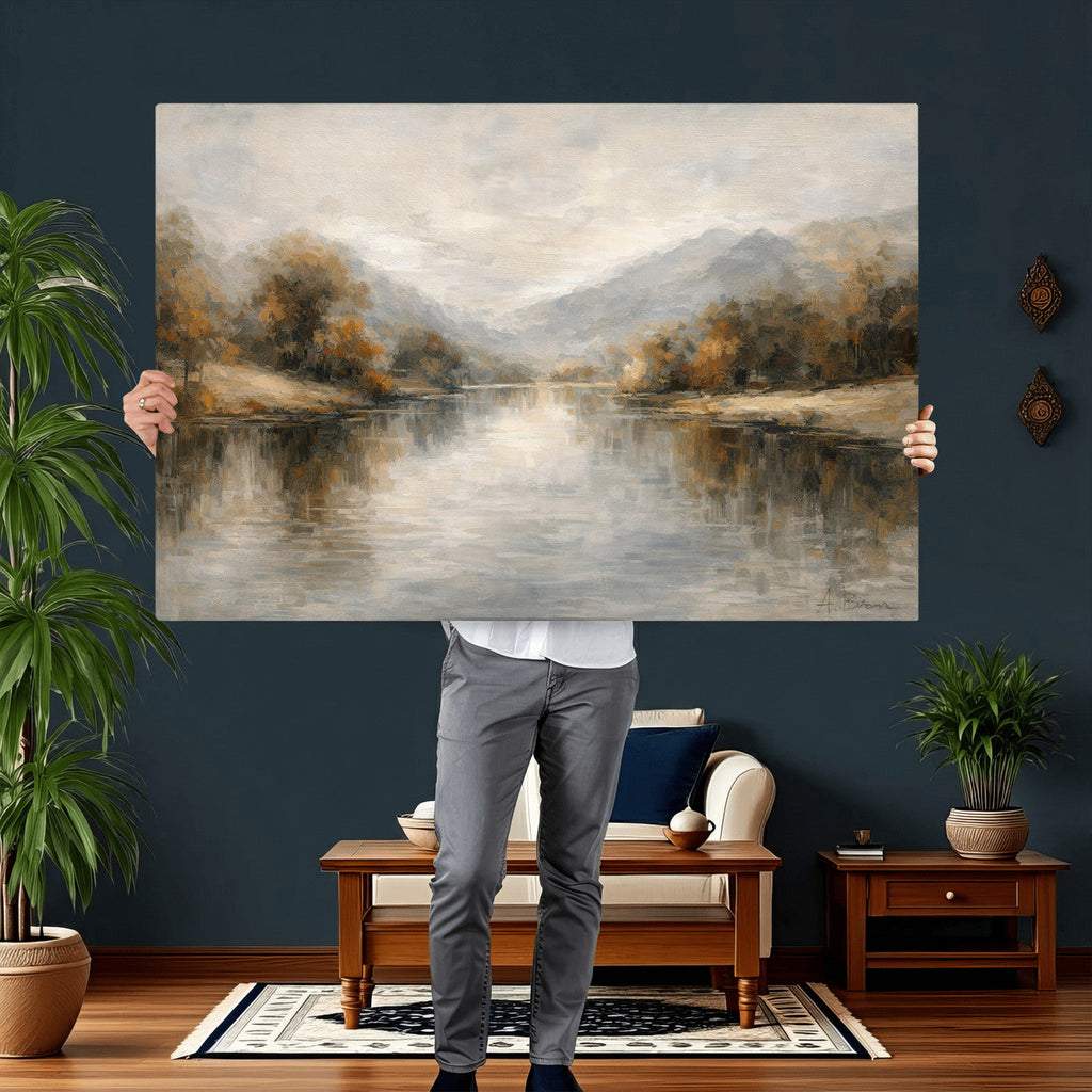 Neutral Abstract River Landscape Wall Art Canvas Print
