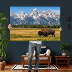 Bison in Mountain Landscape Wall Art Canvas Print, Western Decor