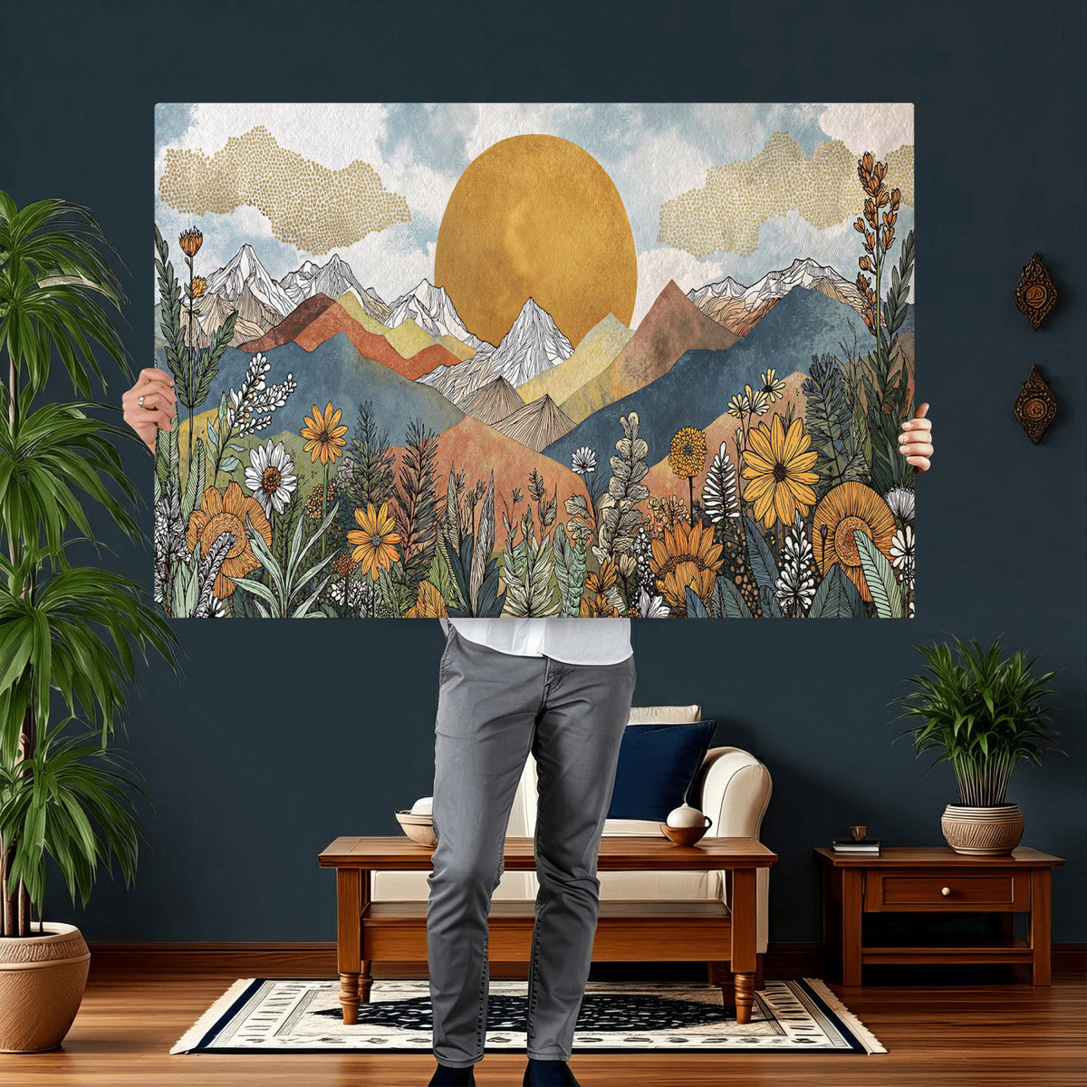 Boho Mountain Landscape Large Wall Art, Horizontal Gold Sun and Flowers Print