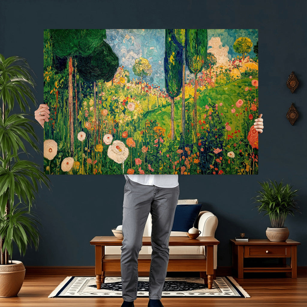 Gustav Klimt Boho Mountain Landscape Large Wall Art, Gold Sun and Flowers Print