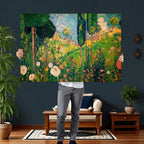 Gustav Klimt Boho Mountain Landscape Large Wall Art, Gold Sun and Flowers Print