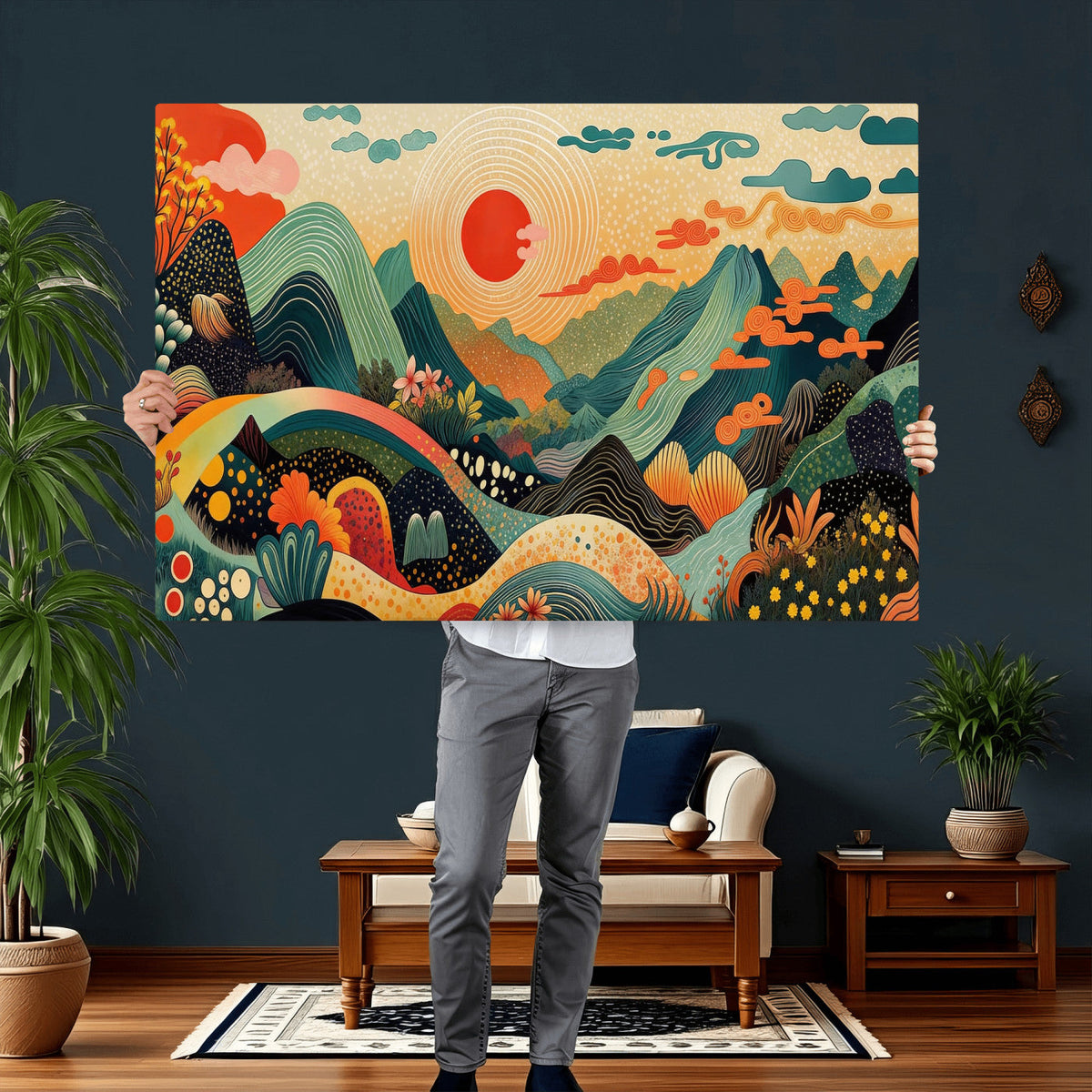 Yayoi Kusama Boho Mountain Landscape Large Wall Art, Gold Sun and Flowers Print