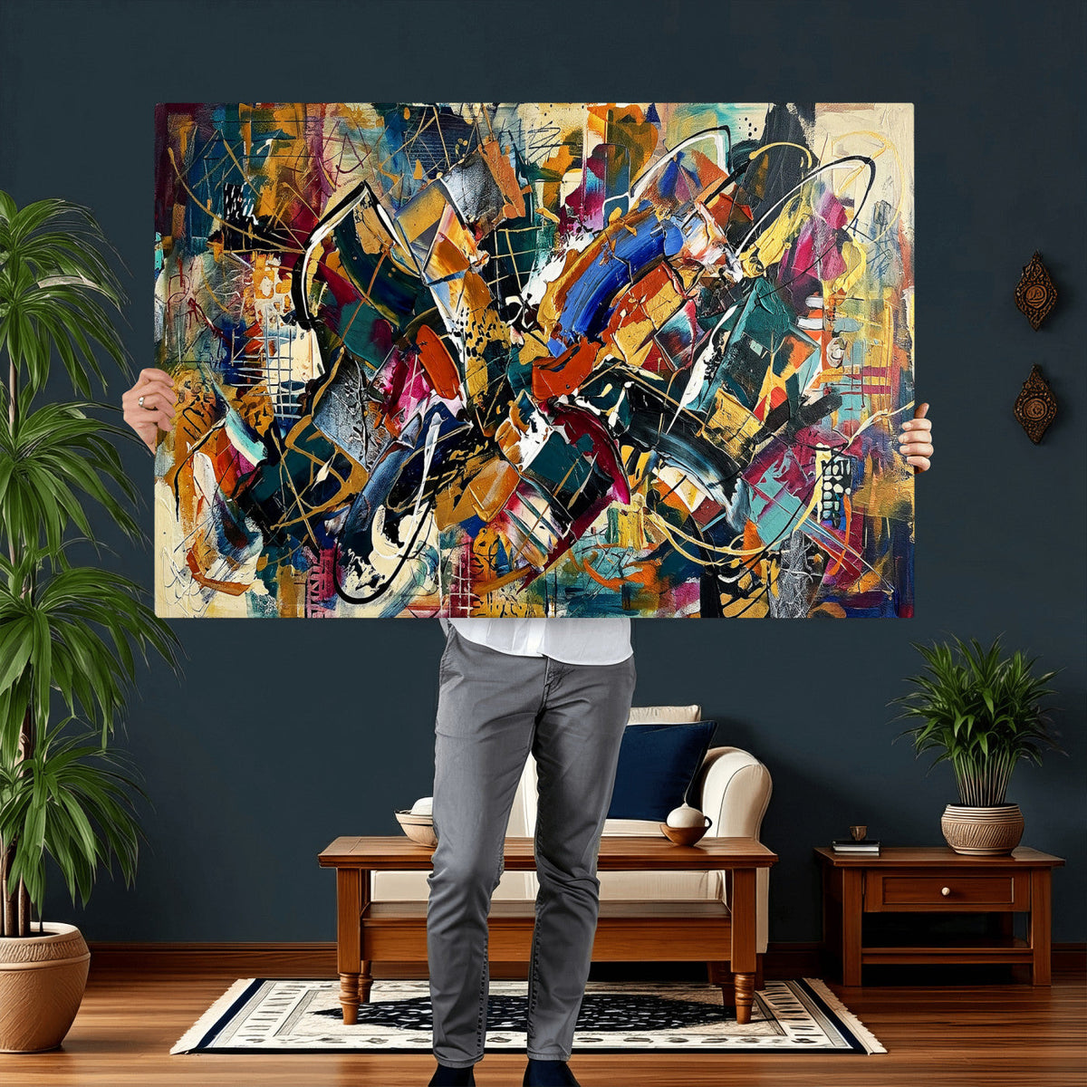 Geometric Abstract Wall Art Canvas Print, Orange Blue