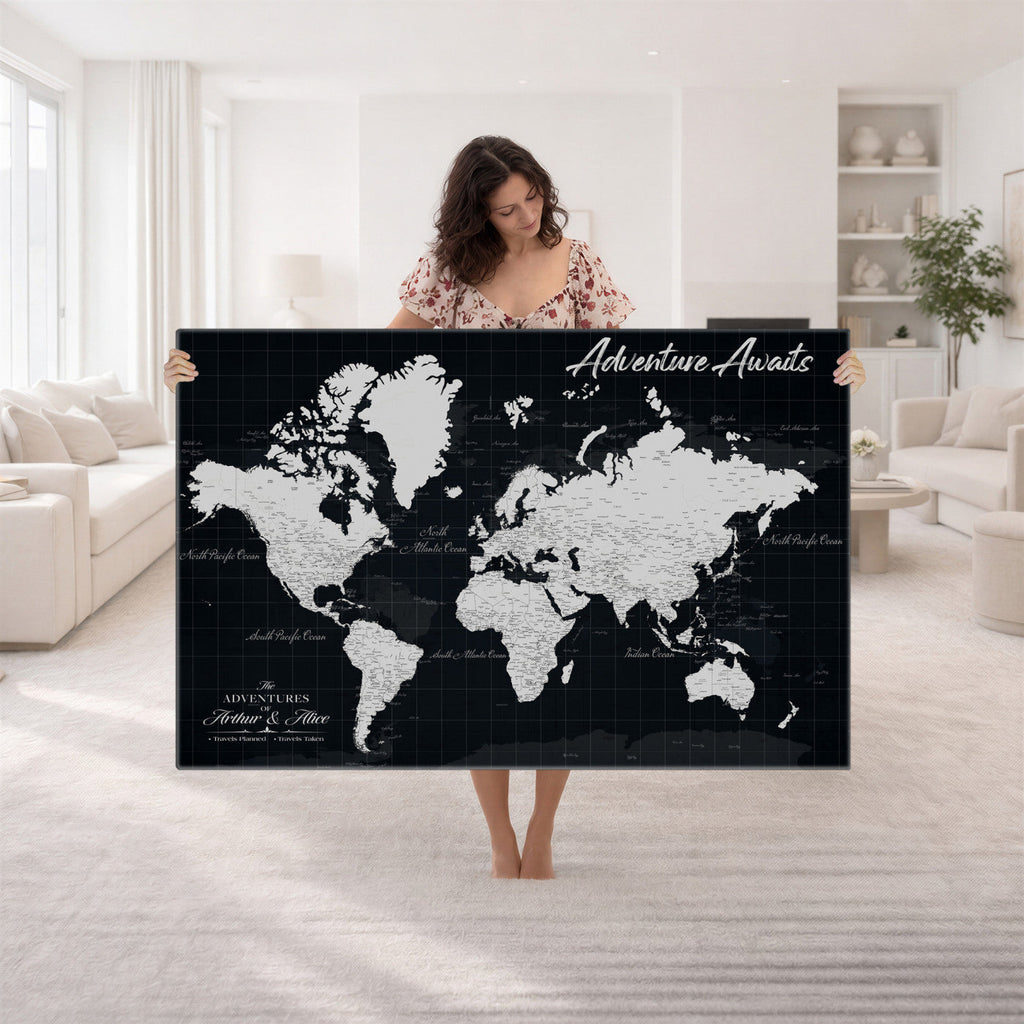 Personalized Black Push Pin Travel Map Canvas Print, Couples Countries Visited Map, Entryway and Hallway Decor