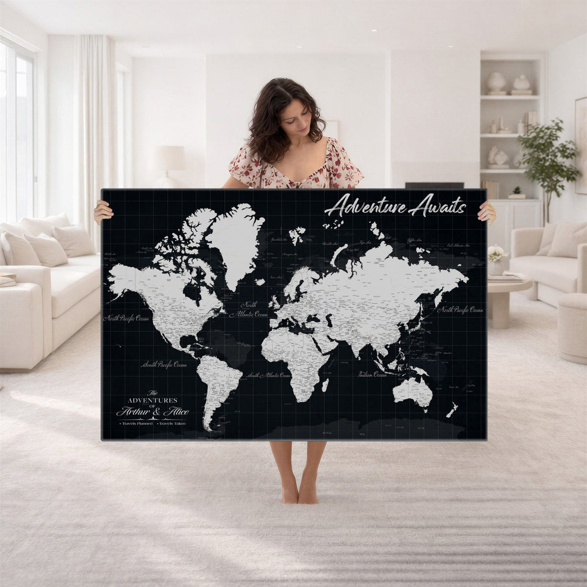 Personalized Black Push Pin Travel Map Canvas Print, Couples Countries Visited Map, Entryway and Hallway Decor