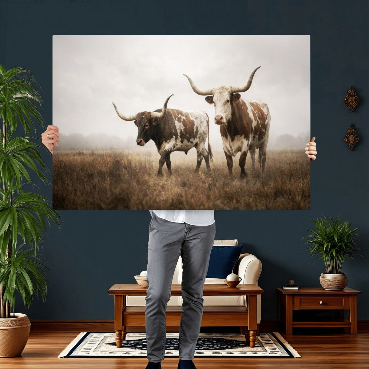 Texas Longhorn Canvas Wall Art Western Bull Desert, Rustic Farmhouse Wall Decor