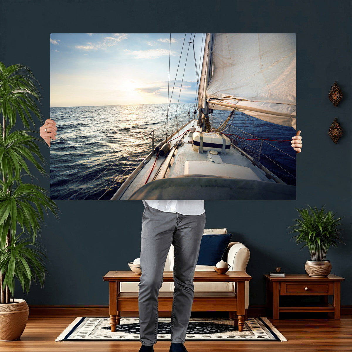 Sailboat Wall Art Canvas Print, Ocean Sunset Sailing Framed Artwork