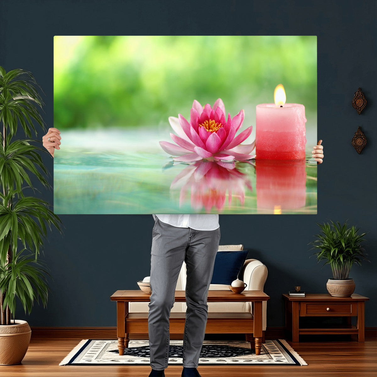 Zen Lotus Candle Canvas Wall Art, Pink Spa Meditation Decor