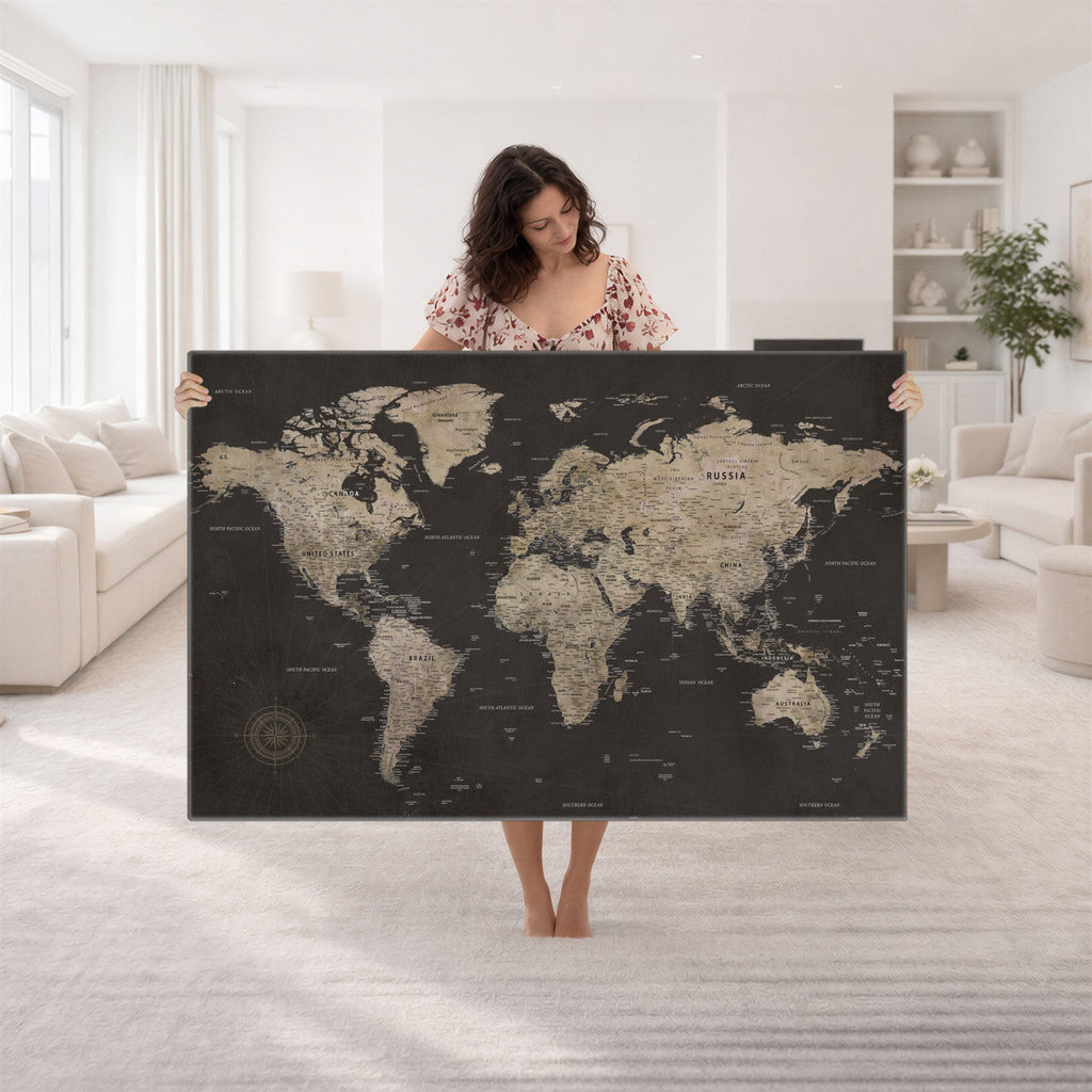 World Map Canvas Wall Art, Dark Charcoal and Antique Tan Detailed Map
