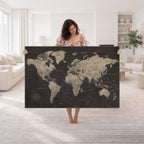 World Map Canvas Wall Art, Dark Charcoal and Antique Tan Detailed Map
