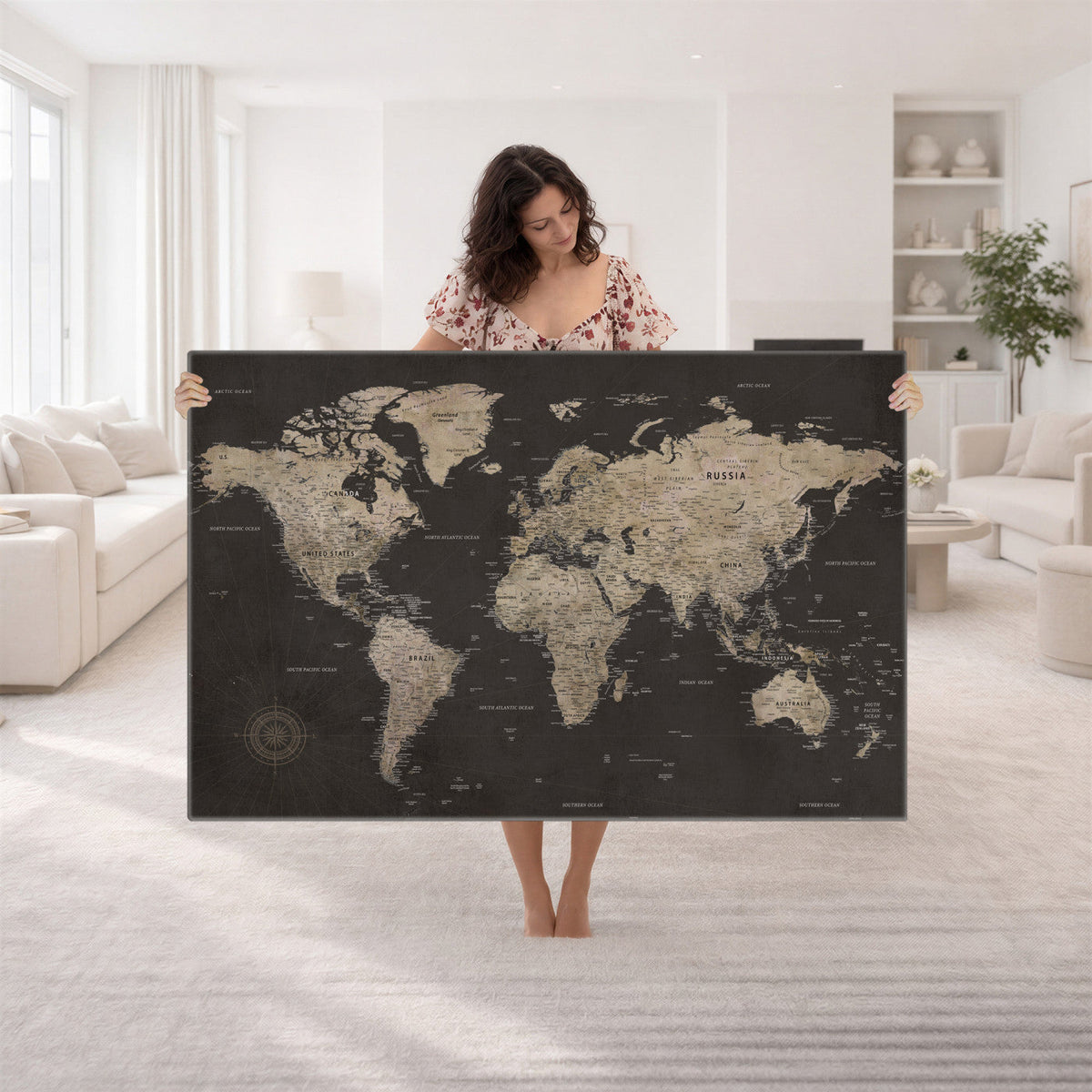 World Map Canvas Wall Art, Dark Charcoal and Antique Tan Detailed Map