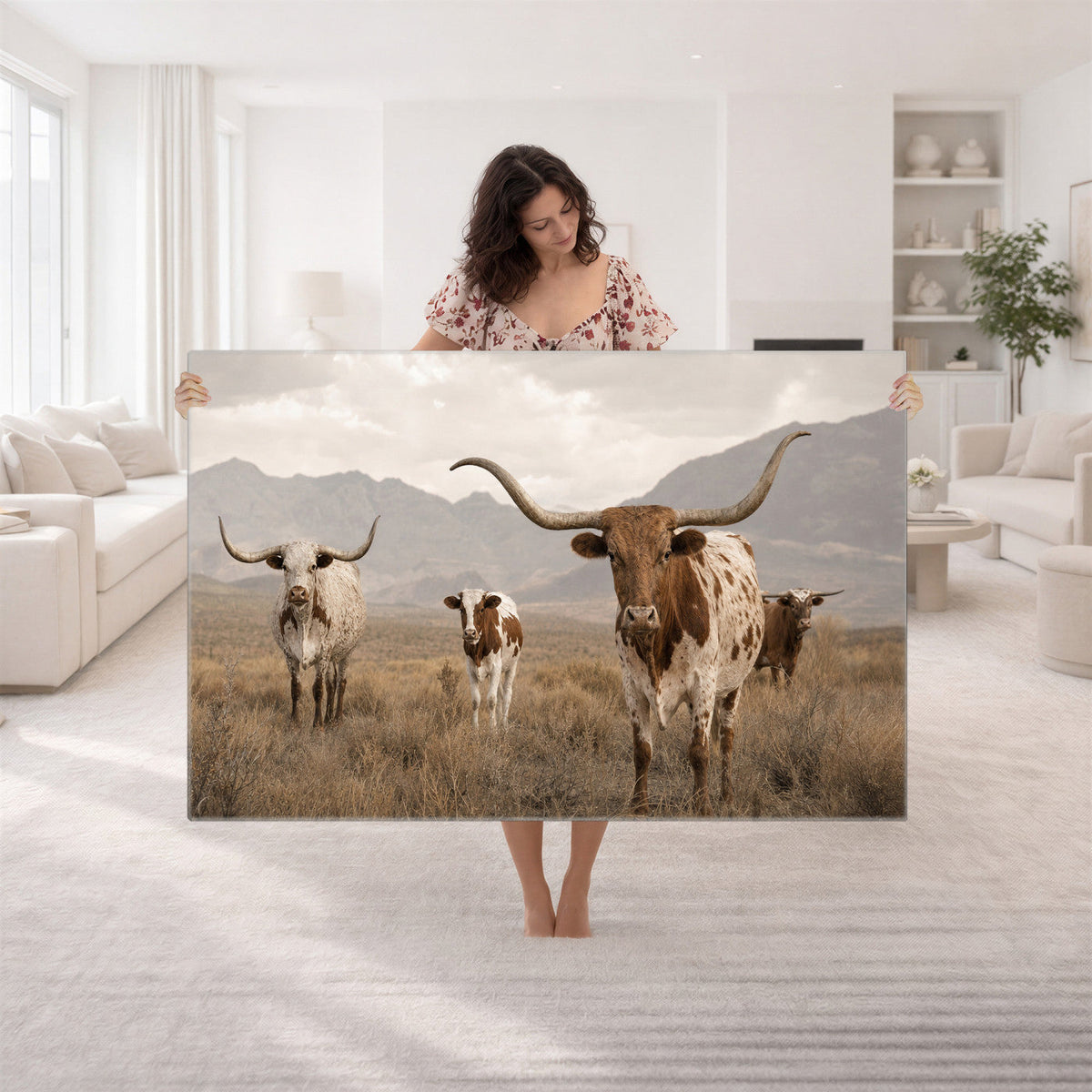 Rustic Texas Longhorn Cow Canvas Wall Art Print, Farm Animal Photography