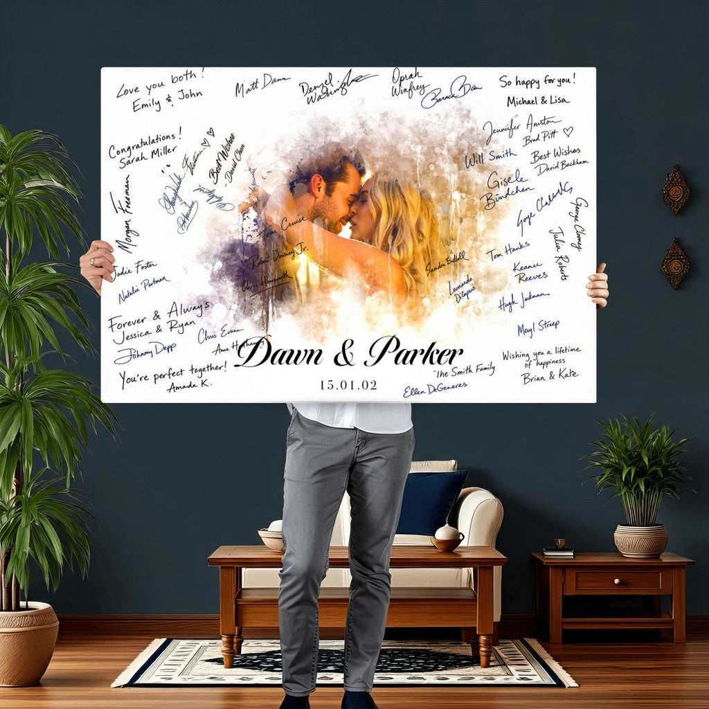Ink Splash Wedding Guest Book Canvas, Personalized Couple Photo Sign