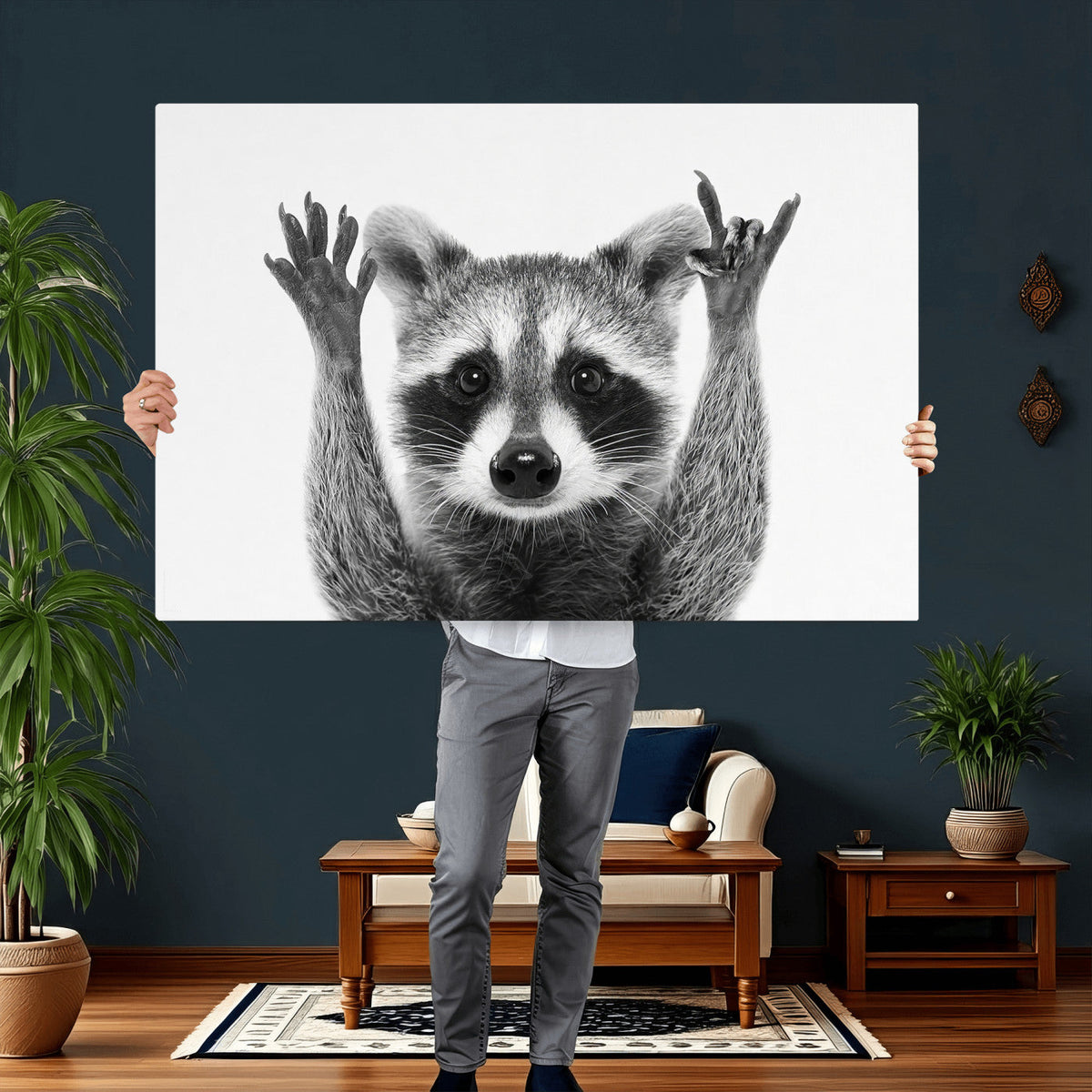 Funny Raccoon Canvas Wall Art, Black White Hands Up Animal Photo Print