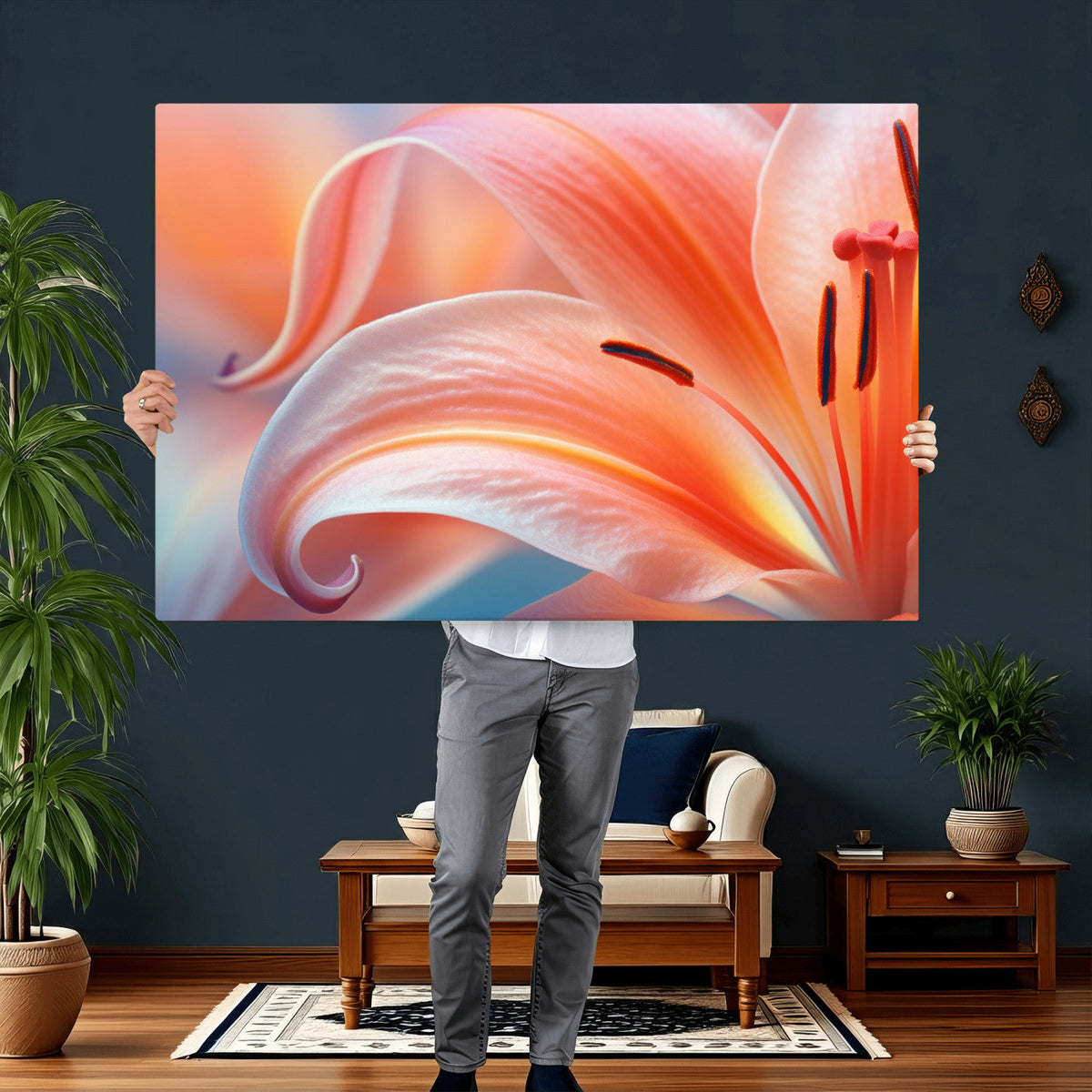 Peach Lily Canvas Wall Art, Coral Pink Flower Macro Photo Print, Botanical Decor