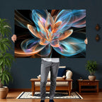 Fractal Lotus Canvas Wall Art, Blue Orange Glowing Flower Abstract Print